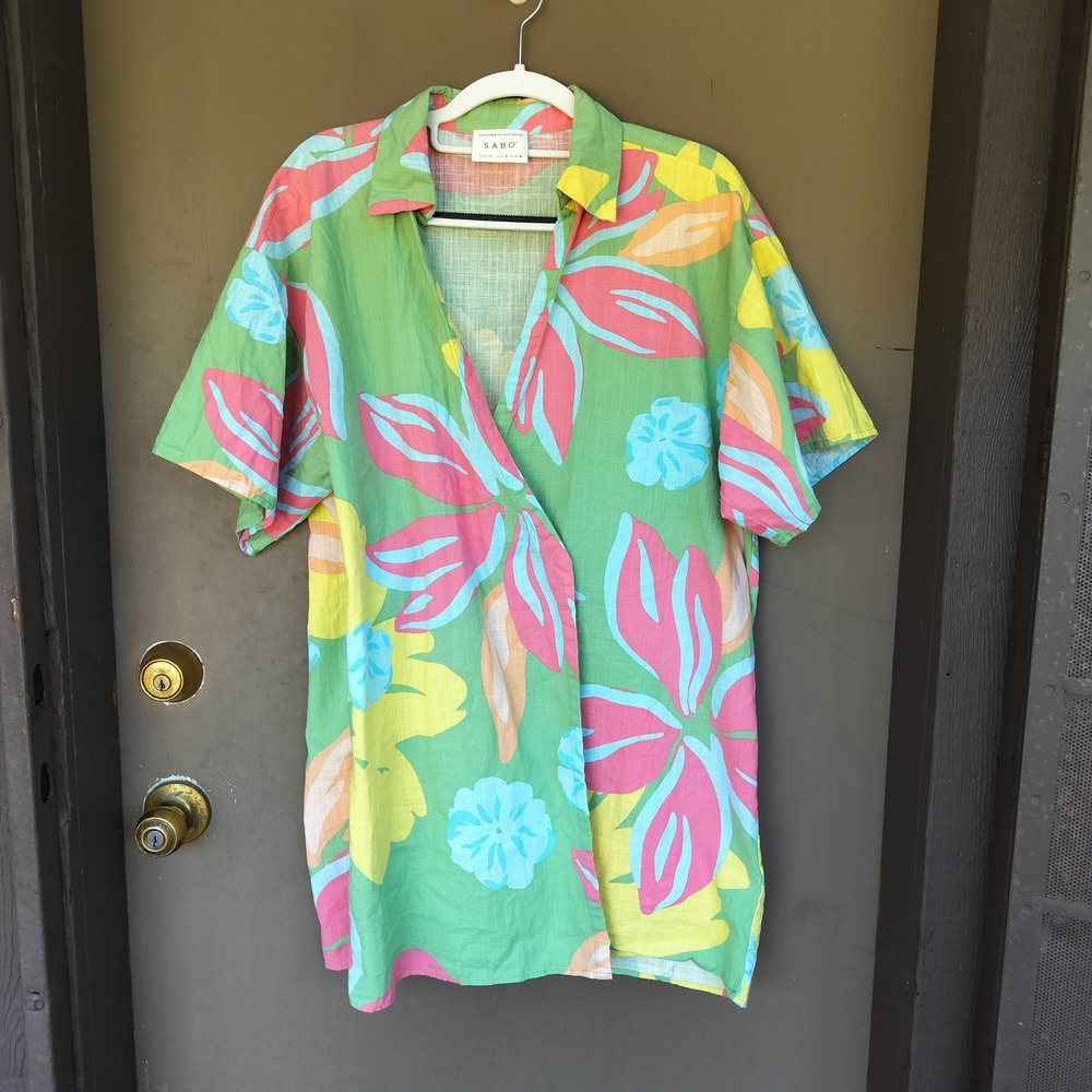 SABO Tropical Floral Green Pink Cotton Short Sleeve Button Up Shirt Small